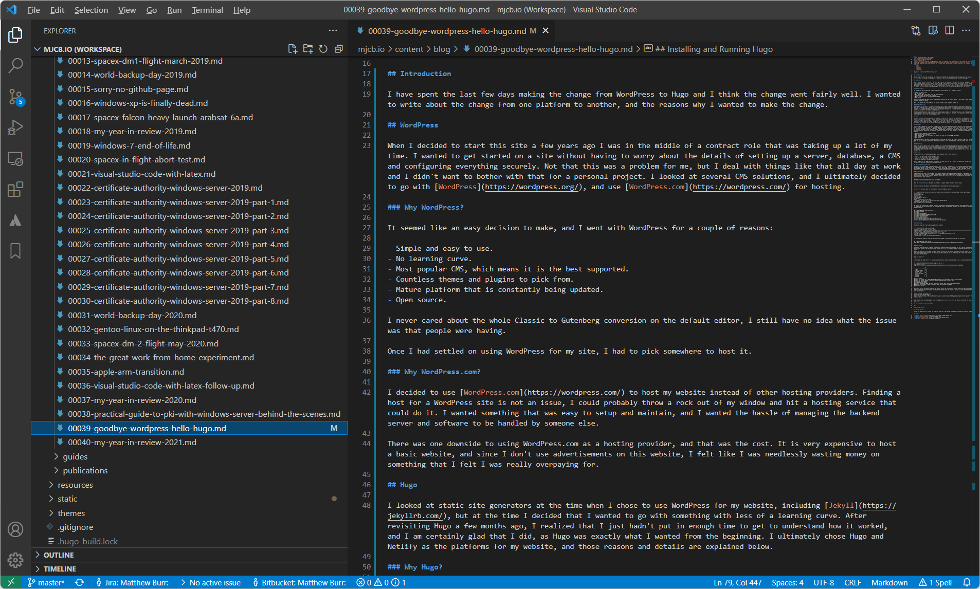 VS Code with my website Workspace.