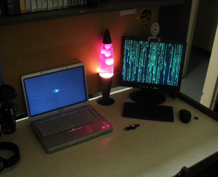 My Compaq Presario V2305CA from late 2005. Please excuse the lava lamp and the Matrix screensaver.