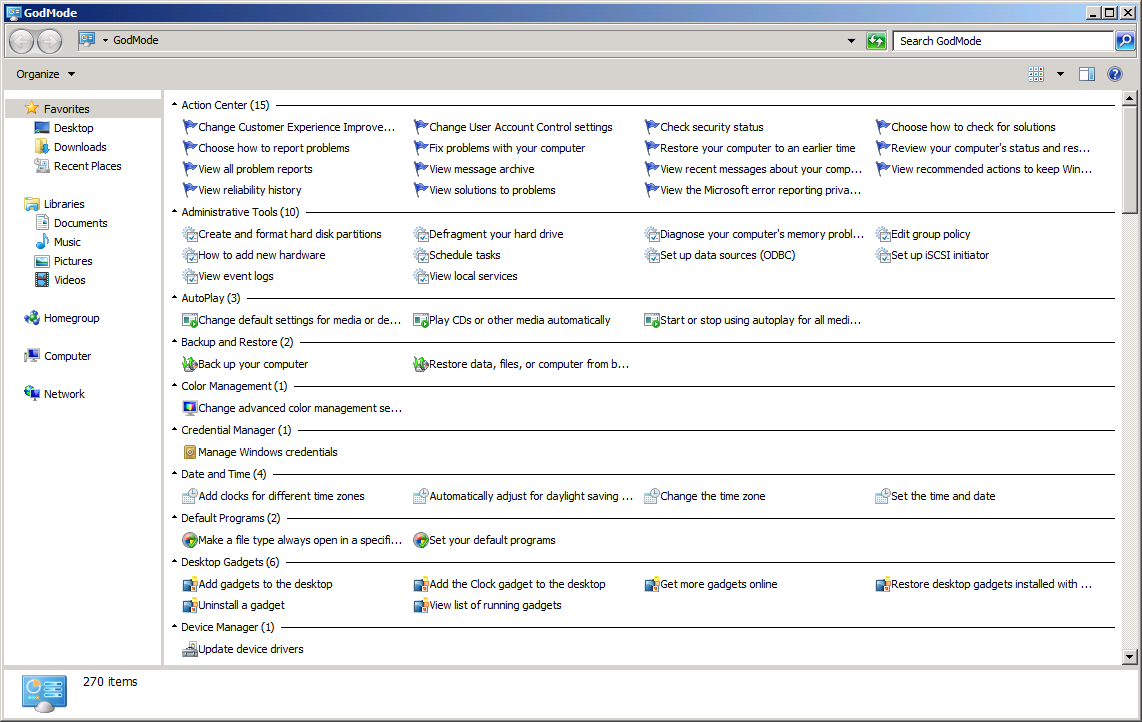 Windows 7 God Mode with all available Control Panel options, all 270 of them.
