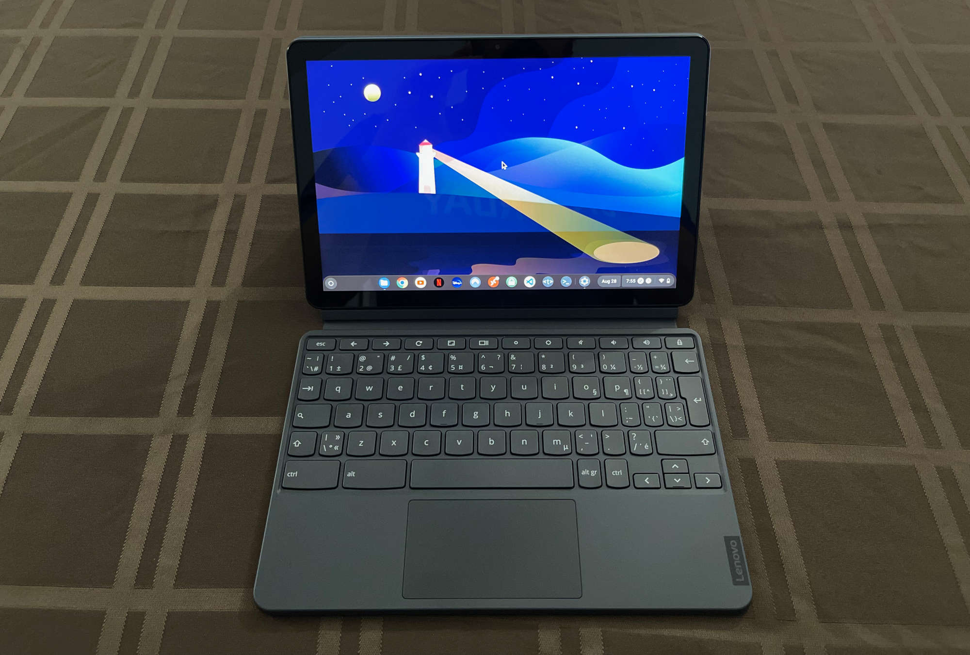 The Lenovo Chromebook Duet with the keyboard open.