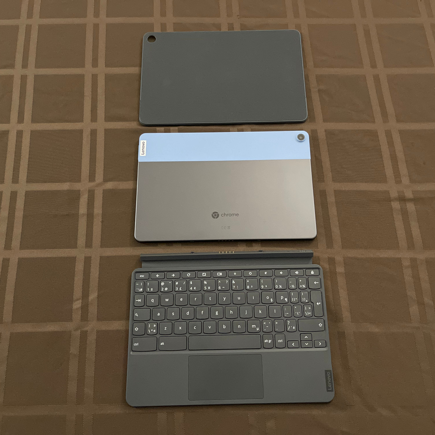 The Lenovo Chromebook Duet tablet components.