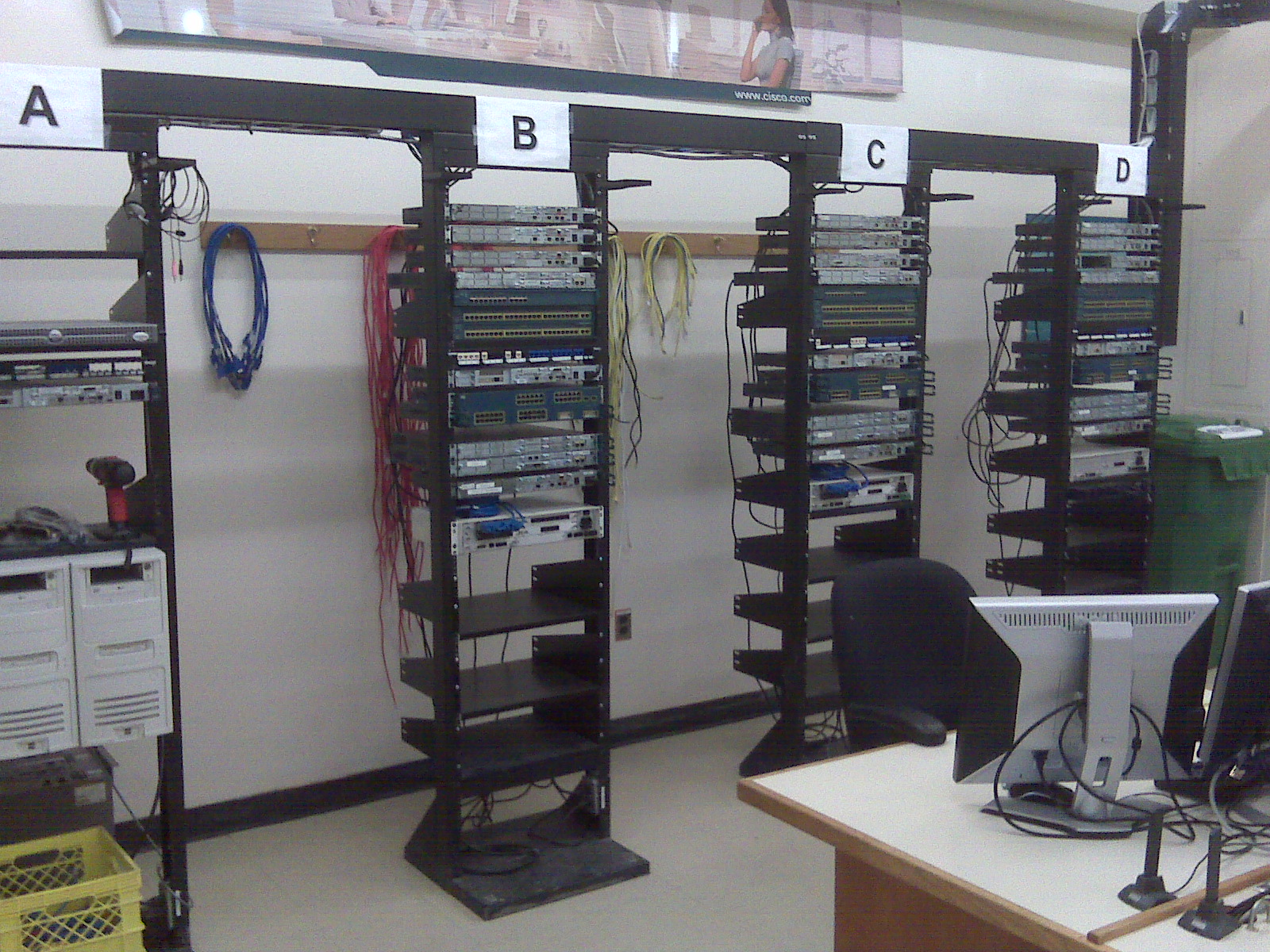 Cisco classroom network racks and hardware.