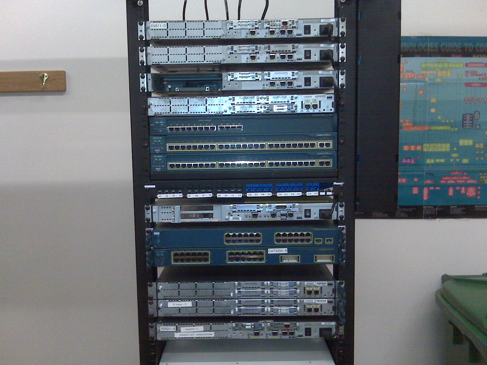 Cisco classroom network racks and hardware. There are various 2600/2800 routers, 2900/3500 series switches and PIX firewalls.